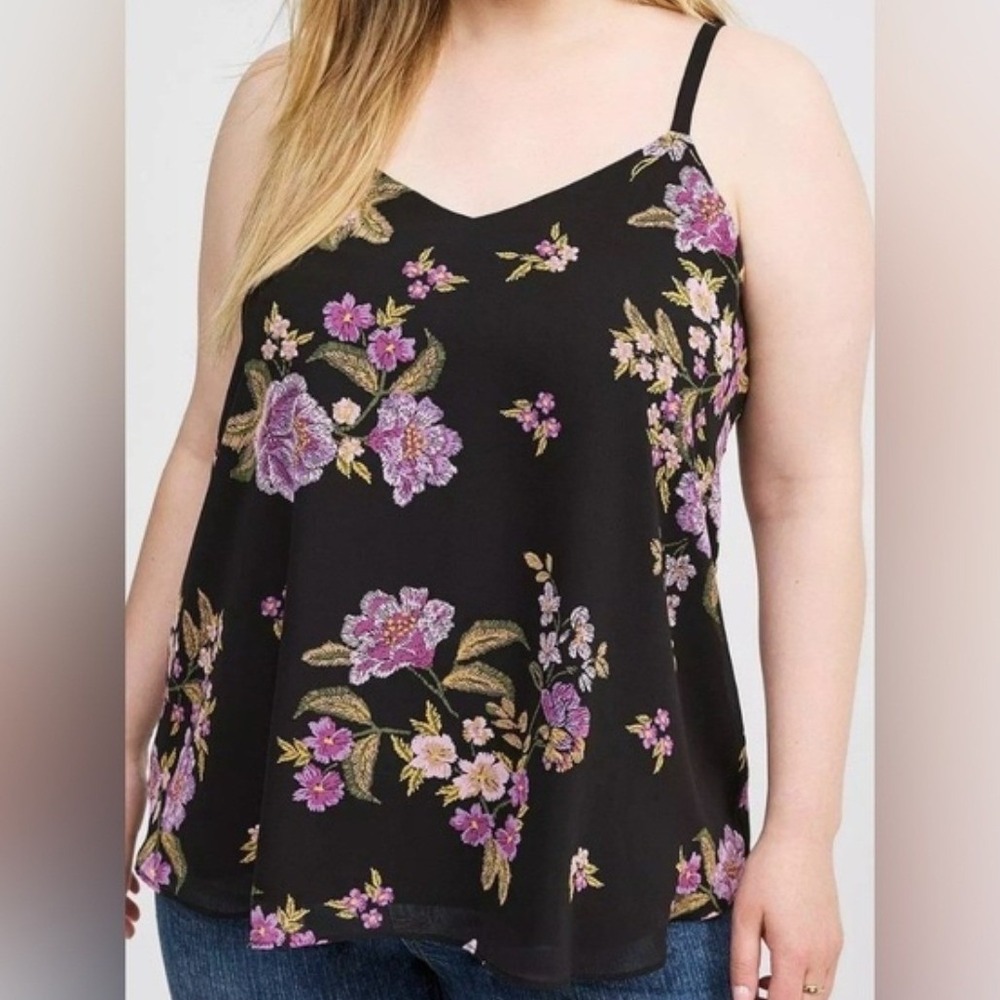 Torrid Cami 2X Womens Black Sophie Dark Floral Chiffon Tank Top Lightweight Boho